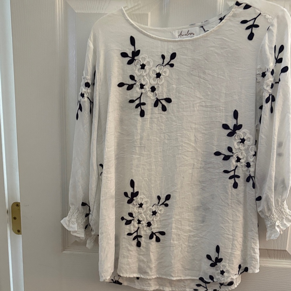 Andree Cream Blouse with Navy Floral Embroidery
